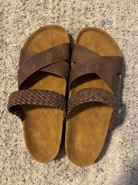 Brown Braided Strap Slide Sandals